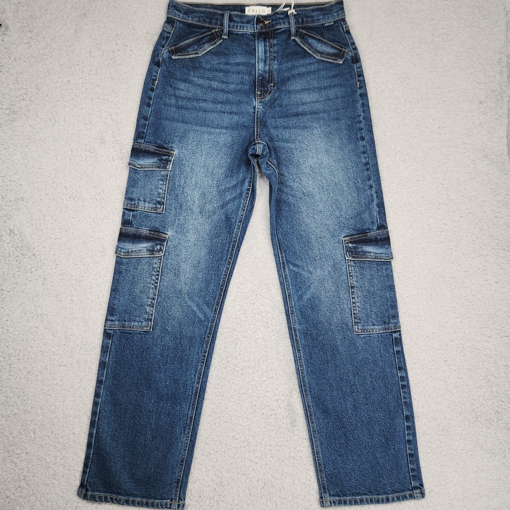 Cello Jeans Womens Teen 5 Medium Wash Mid Rise Baggy Straight Leg Cargo NEW